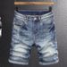 Men's Fashion Light Blue Distressed Denim Shorts Printed Distressed Stretch Slim Fit Denim Shorts Men's Shorts_viptrois.com