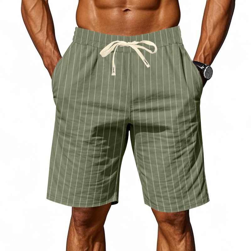 Men's Linen Shorts Loose Fit Breathable Striped Jacquard Drawstring Five Point Length Trendy Summer Shorts_viptrois.com