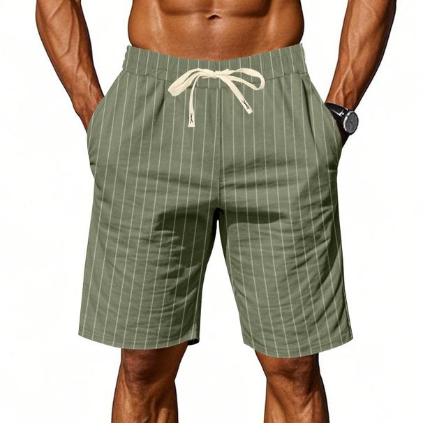 Men's Linen Shorts Loose Fit Breathable Striped Jacquard Drawstring Five Point Length Trendy Summer Shorts_viptrois.com