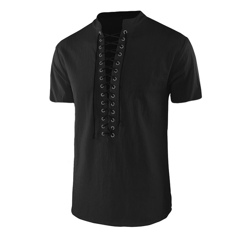 Men's Clothing medieval retro solid color men's loose tie collar shirt steampunk prince costume_viptrois.com