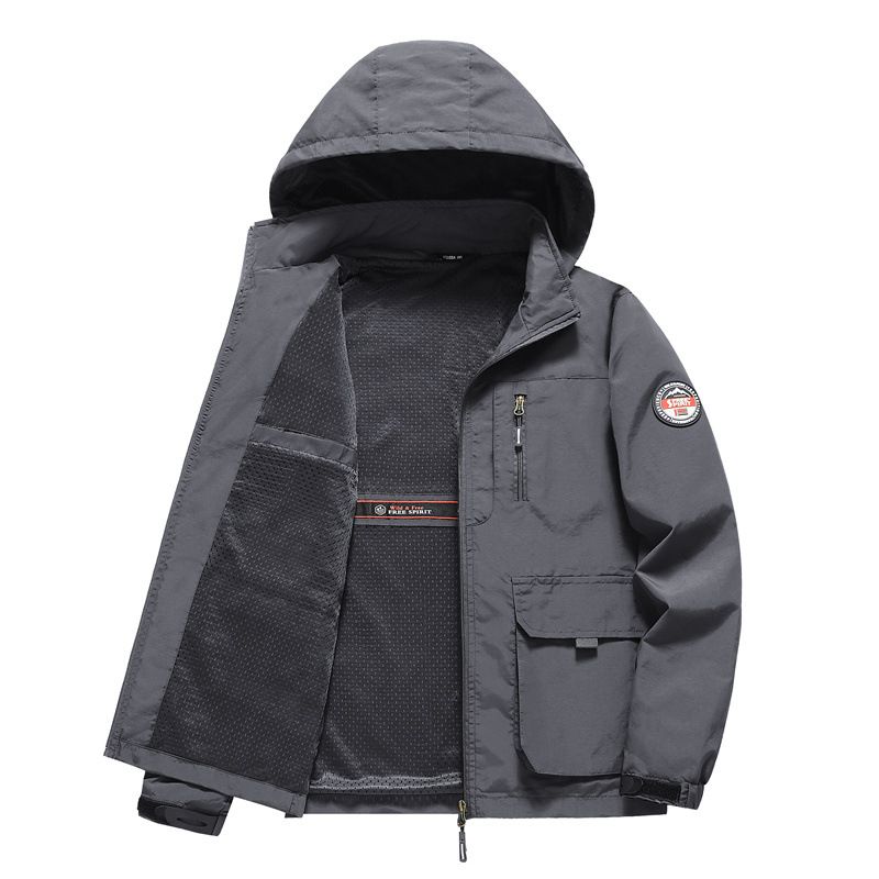 Men's Clothing Lightweight Hooded Jacket - Windproof Casual Coat With Fleece Lining, Multi-Pocket Design, Slim Fit For Spring & Autumn_viptrois.com