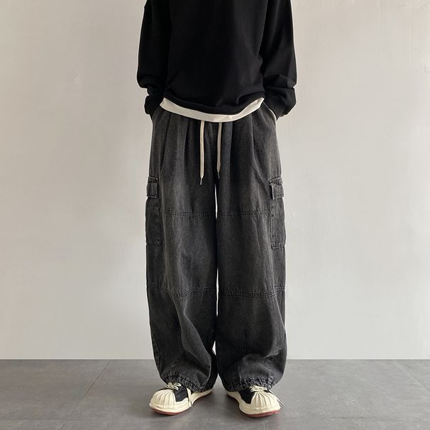 Men's Clothing Washed Jeans Spring And Autumn Retro Loose Wide Leg Handsome Straight High Street Work Pants_viptrois.com