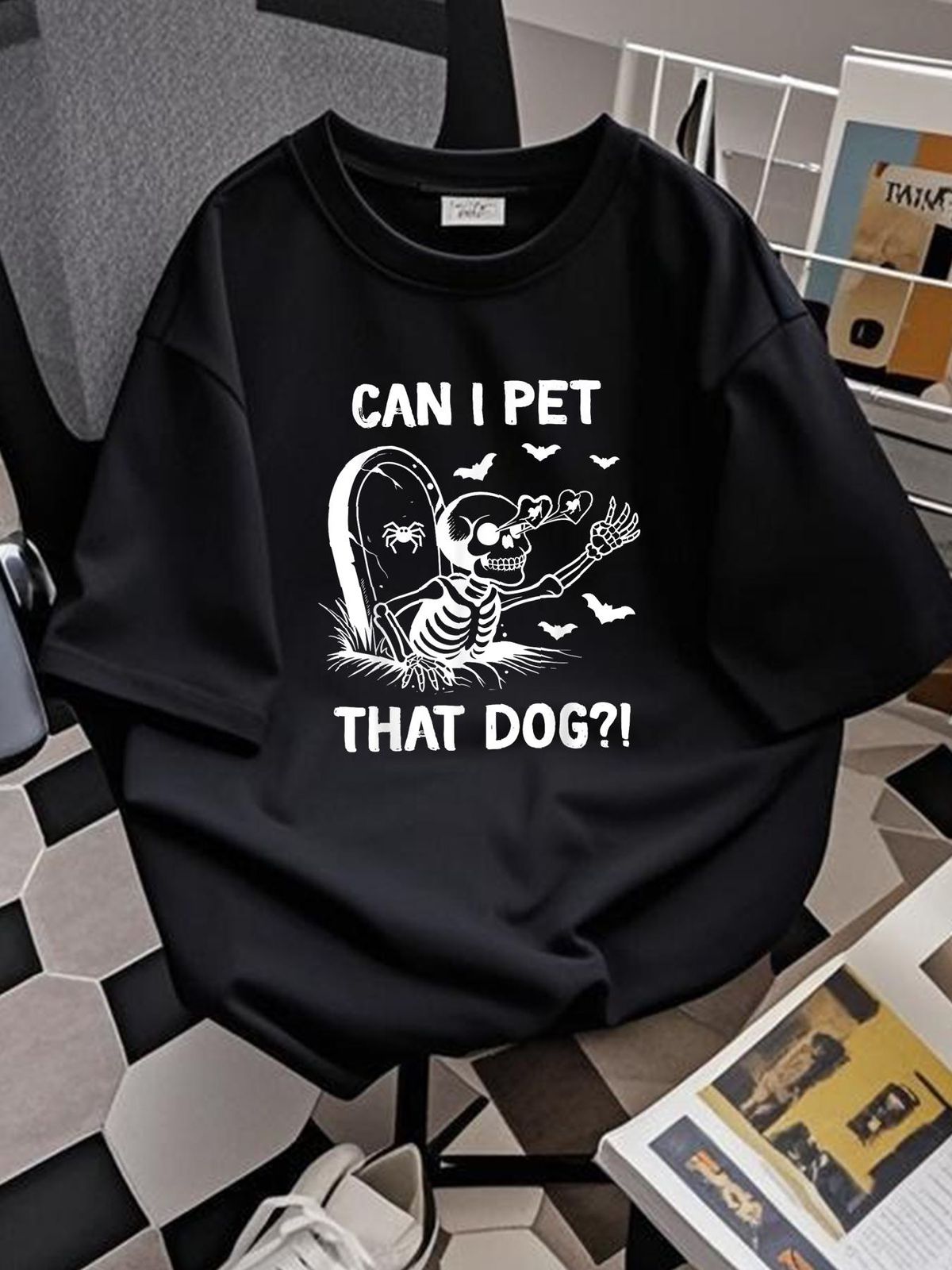 can I Pet That Dog Halloween Skeleton T-Shirt Summer Women Graphic Top For Everyday Wear Fashion Print Round Neck Short Sleeve Stylish Women Top Graphic Tees Female Unisex Comfortable Breathable Casual Stretched Soft Versatile Streetwear_viptrois.com