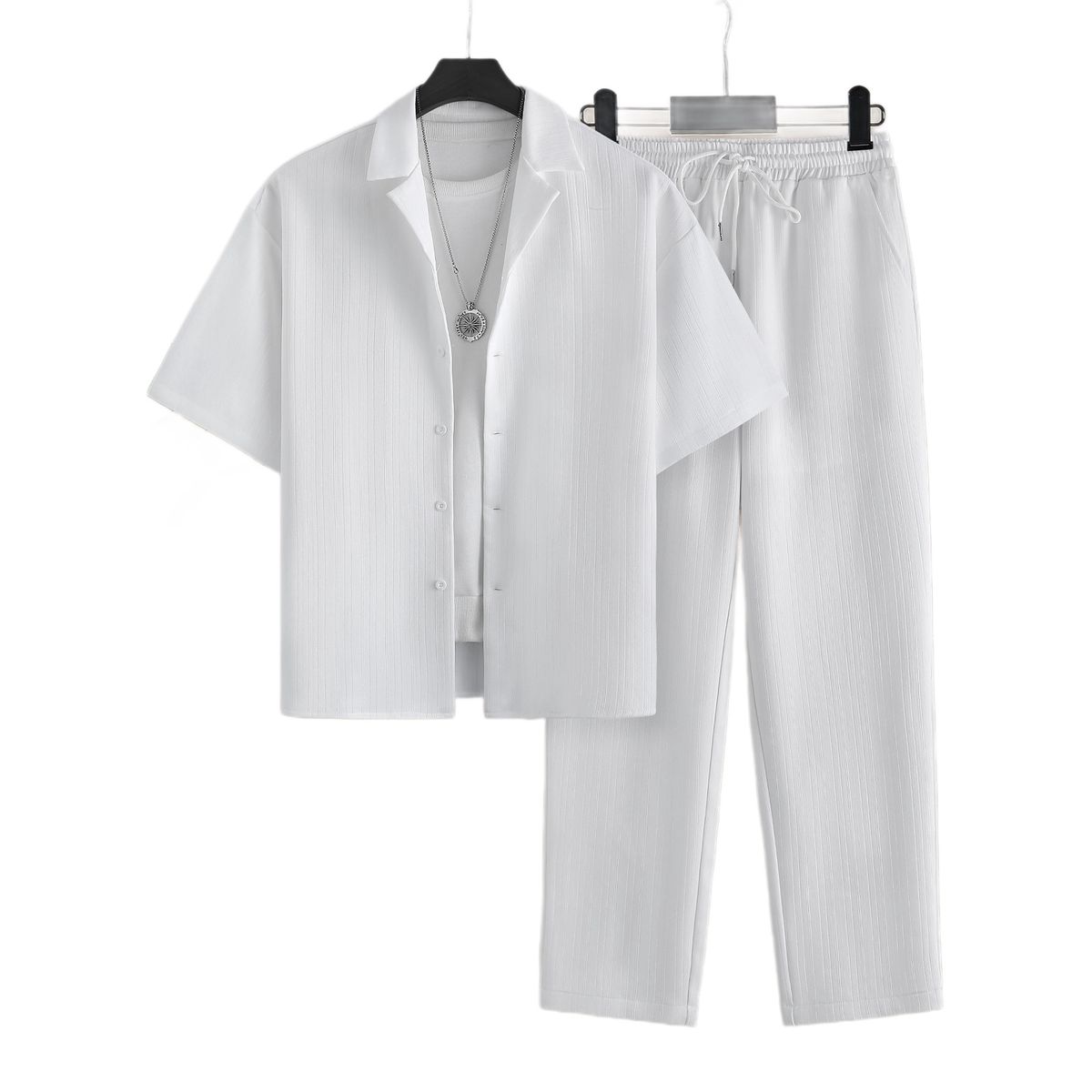 Men's Casual Fashion Short Sleeve Shirt & Pants Set - Striped Urban Style For Trendy & Stylish Look_viptrois.com