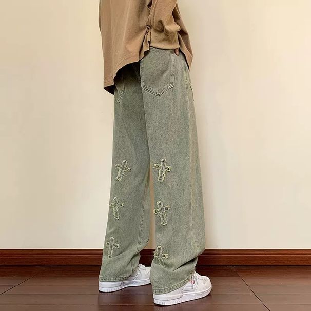 Loom Loom European And High Street Vibe Men's Niche Design American Yellow Mud Dyed Jeans Embroidered Flared Straight Pants Trendy_viptrois.com