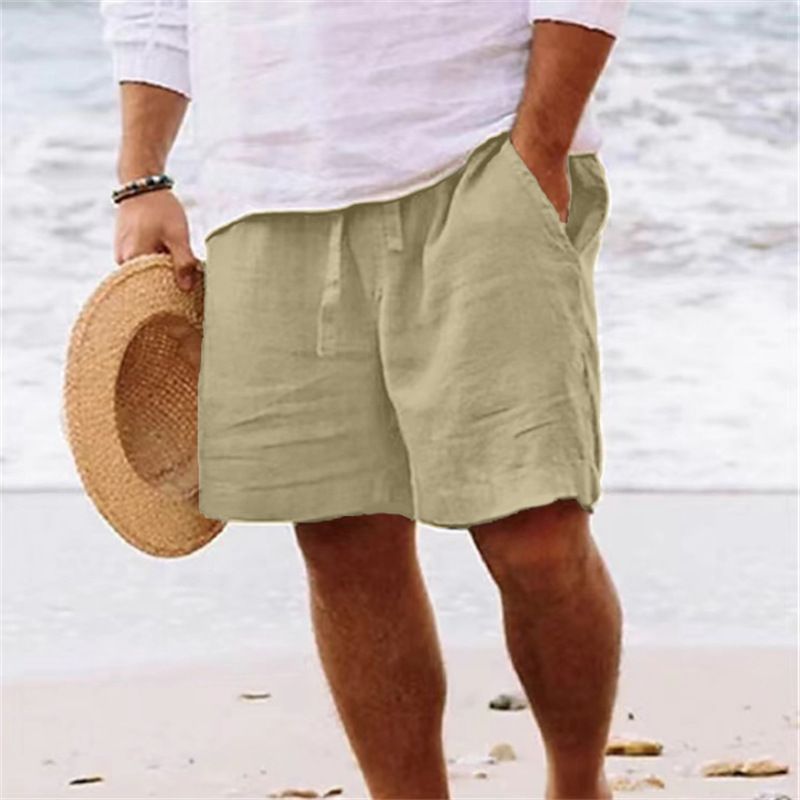 Men's Summer Solid Color Drawstring Beach Casual Shorts Loose Fit Cotton Linen Blend_viptrois.com