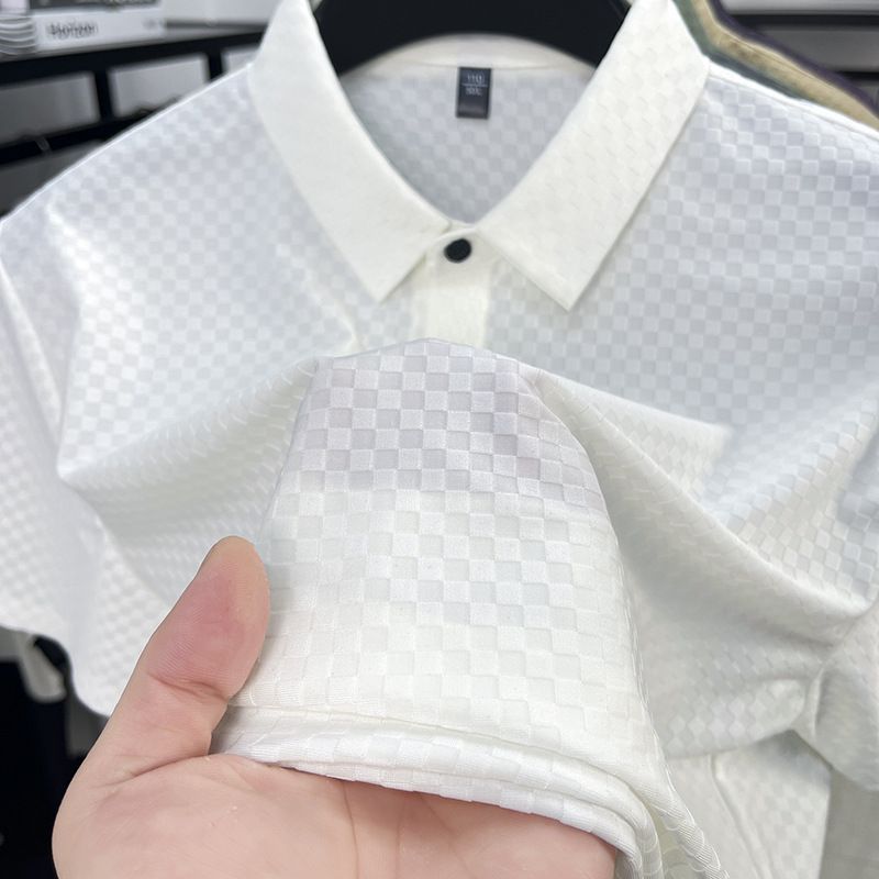 Summer New Ice Silk Short Thin Breathable High-End Feel Turn-Down Collar Half Sleeve Fashion Business Men's T-Shirt_viptrois.com