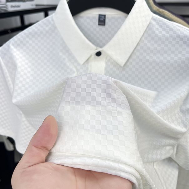 Summer New Ice Silk Short Thin Breathable High-End Feel Turn-Down Collar Half Sleeve Fashion Business Men's T-Shirt_viptrois.com