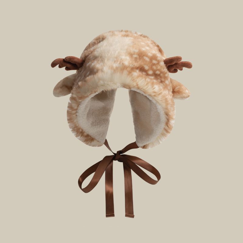 Christmas Lei Feng Children's Sweet Cute Deer Antlers Warm Ear Protection Autumn and Winter Plush Tie Pullover Hat_viptrois.com