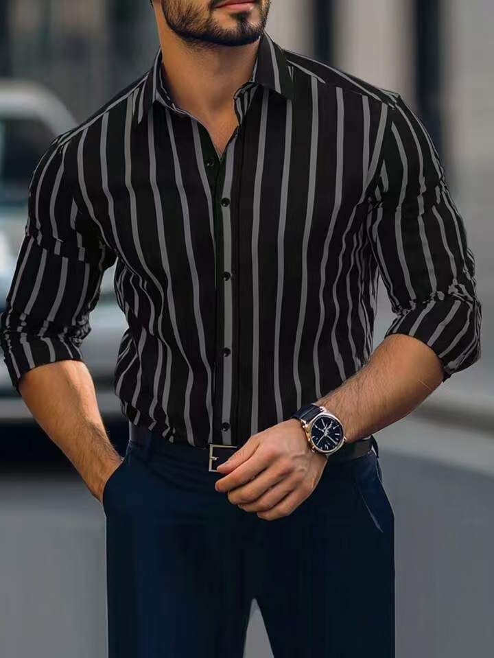 Men's Shirt Thin Lapel Striped Printing Casual Four Sided Stretch Long Sleeved Shirt Men_viptrois.com