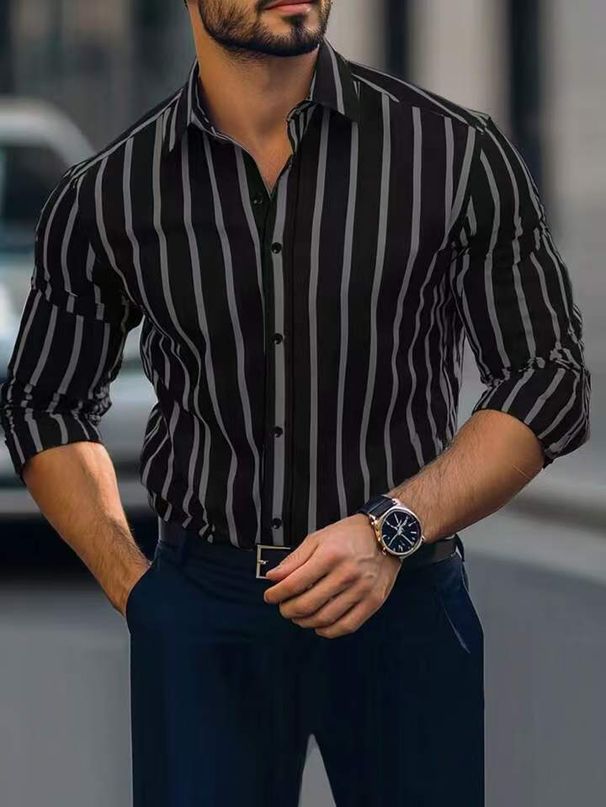 Men's Shirt Thin Lapel Striped Printing Casual Four Sided Stretch Long Sleeved Shirt Men_viptrois.com