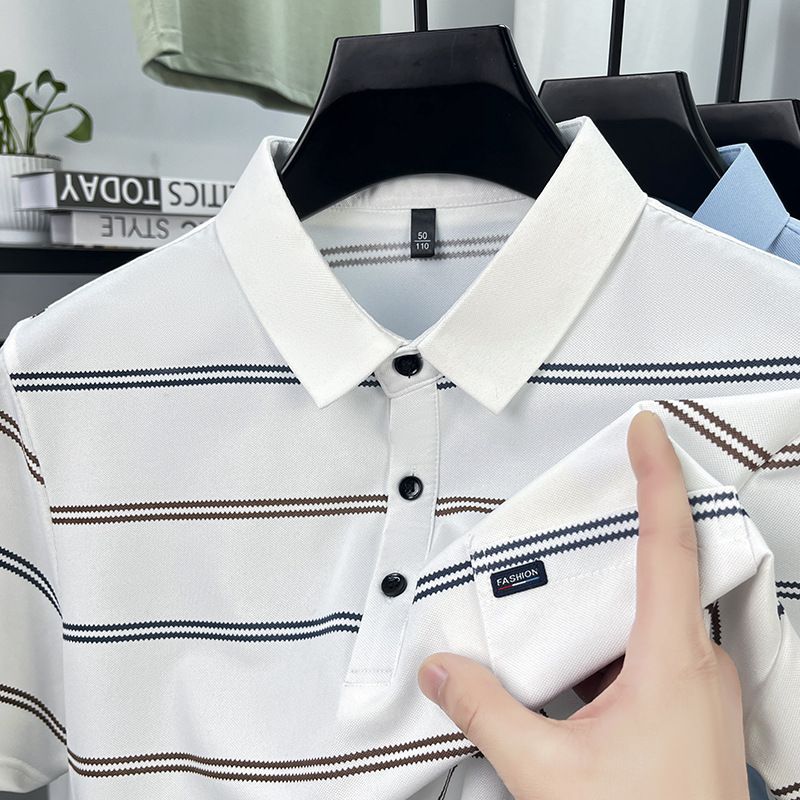 Men's Clothing Summer Casual Lapel Striped Real Pocket Short Sleeved Polo Shirt Middle Aged Men's Dad Wear Thin T Shirt Tops Men_viptrois.com