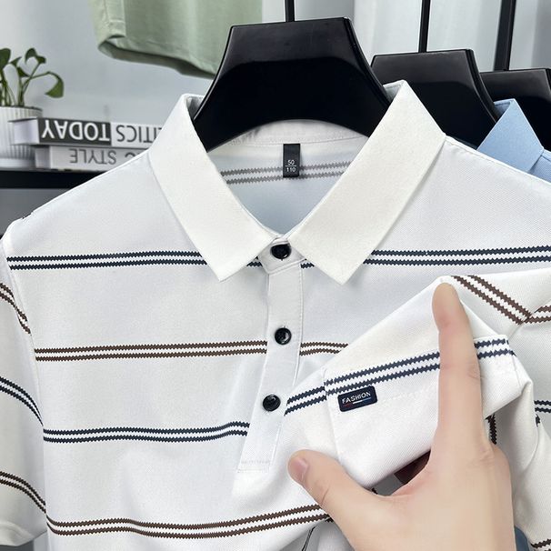 Men's Clothing Summer Casual Lapel Striped Real Pocket Short Sleeved Polo Shirt Middle Aged Men's Dad Wear Thin T Shirt Tops Men_viptrois.com