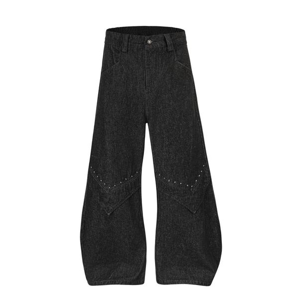 Silhouette Scimitar Jeans American High Street Patchwork Deconstructed Design Sense Rivet Decoration Loose Wide-Leg Long_viptrois.com