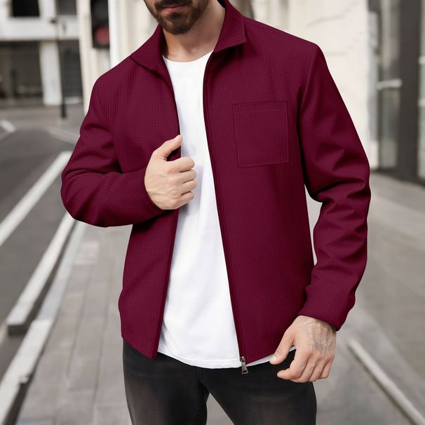 "Waffle-Knit Zip-Up Jacket - Slim Fit Cotton-Blend Casual Cardigan For Men In White/Grey/Black/Khaki/Olive/Burgundy (S-XXXL)"_viptrois.com