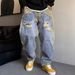 Men's Clothing Niche Retro Dirty Wash Old Paint Ripped Jeans Men's Trendy Brand Handsome Big Machete Wide Leg Mopping Long Pants_viptrois.com