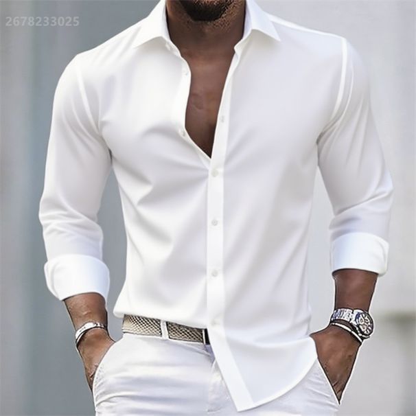 Solid Color Men's White Fashionable Casual Long Sleeve Stretch Fabric, Business Formal Shirt, Comfortable Fabric_viptrois.com
