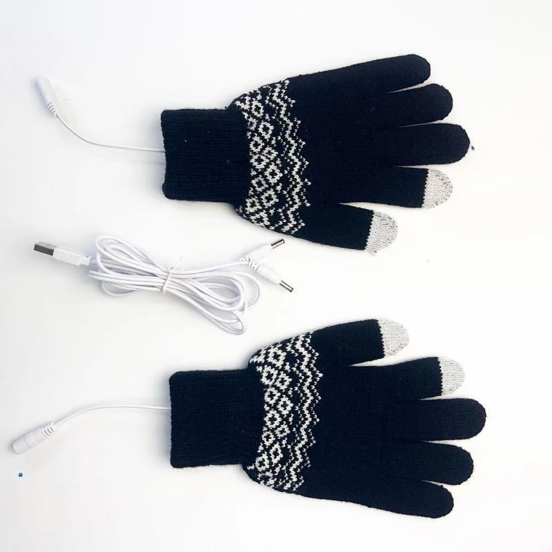 Heating Gloves Electric heating gloves 5-finger knitted jacquard touch screen thickened with fleece USB warm gloves for outdoor warmth_viptrois.com