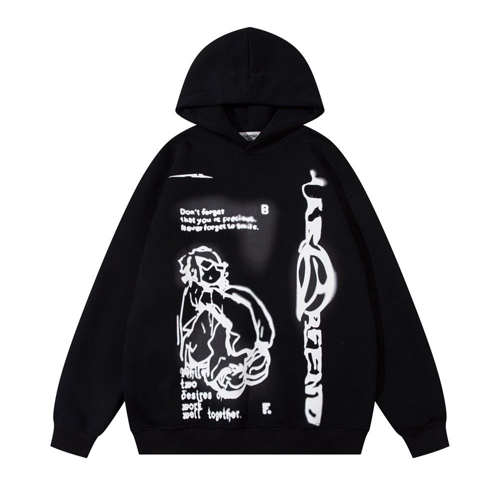 Line Character Print Men's Trendy Street Loose Casual Long Sleeve Pullover Hoodie Autumn Winter Top_viptrois.com
