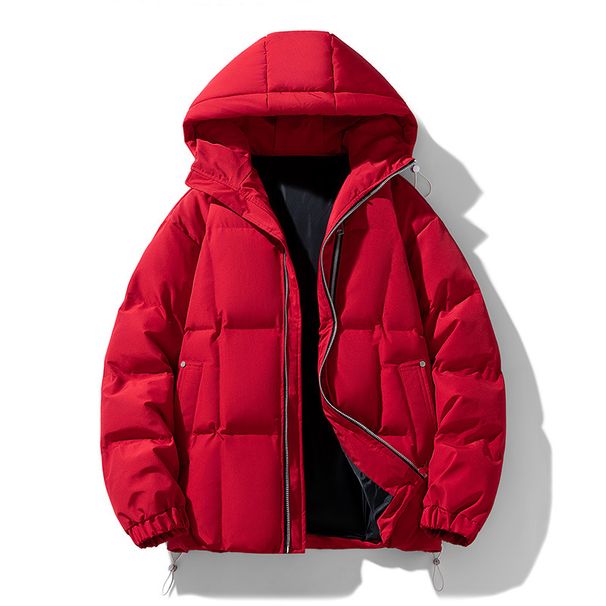 Men's Fleece-Lined Hooded Puffer Jacket - Korean Style Winter Coat With Stand Collar, Windproof Casual Outerwear (Black/ Cream/ Red/ Olive Green)_viptrois.com