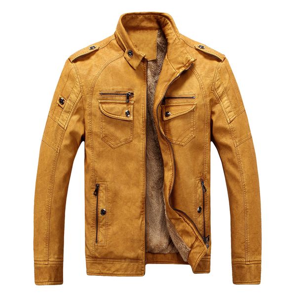 Men's Clothing PU leather jacket autumn and winter men's jacket leather jacket plus velvet washed vintage leather jacket_viptrois.com