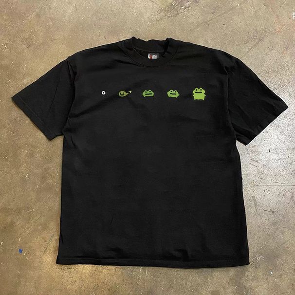 Heavyweight Pure Cotton Retro Tadpole to Frog Print T-Shirt Short Sleeved Loose Fit for Men And Women 250g_viptrois.com