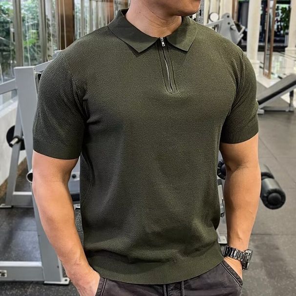 Summer New Style Solid Color Versatile Fashion Knitted Men's Short Sleeved Lapel Casual Thin Breathable T Shirt Business Polo Shirt_viptrois.com