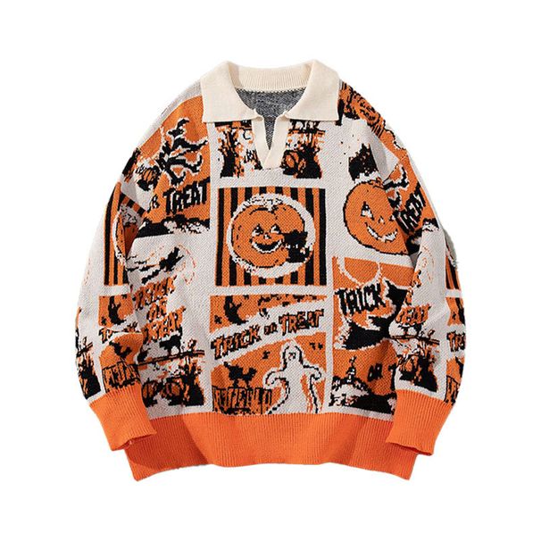 Halloween Themed Sweater With Pumpkin Jacquette Design - Cozy Fall Knit Pullover With Spread Collar For Teens & Young Adults_viptrois.com