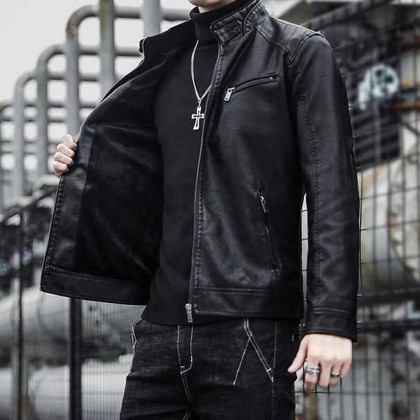 Spring And Autumn Men's PU Leather Jacket Men's Korean Casual Men's Clothing Stand-up Collar Slim-fit Locomotive Leather Jacket Pu Jacket Men's Youth_viptrois.com