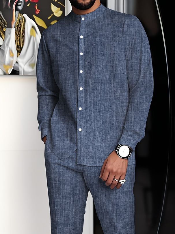 Men's Ethnic Style Stand Collar Shirt And Pants Set, Long Sleeve Casual Linen Blend Suit_viptrois.com