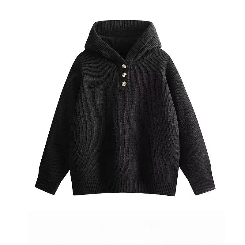 Solid Color Hooded Knitted Sweater For Men, Versatile, Trendy And Casual Design, Semi Buttoned Sweater_viptrois.com