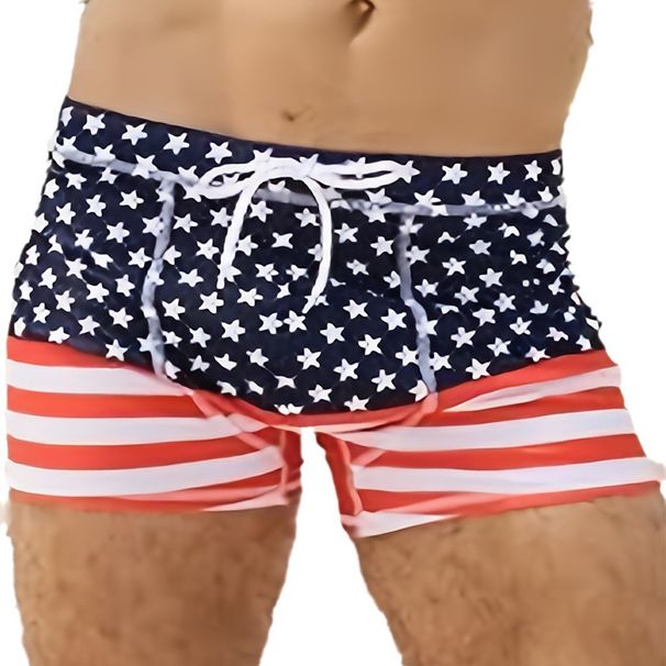Men's Sports Swim Trunks Flat Angle Star & Stripe Print Quick-Dry Anti-Exposure Swim Shorts_viptrois.com
