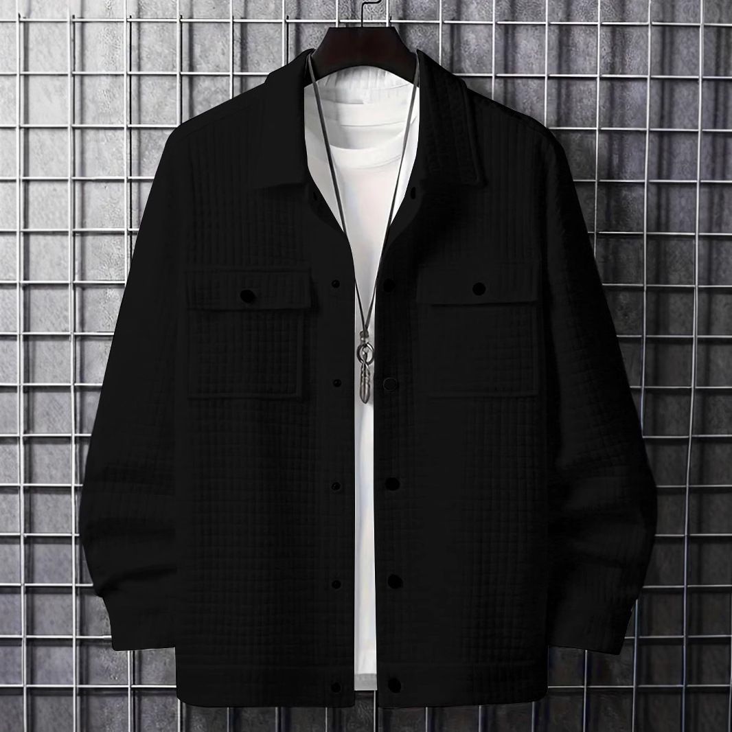 Men's Clothing Spring And Autumn Men's Casual Jacquard Small Plaid Loose Coat Shirt_viptrois.com