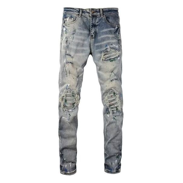 Forge New European And Trendy Brand Light Blue Washed Stretch American High Street Basic Jeans Slim Fit Skinny Pants Men_viptrois.com