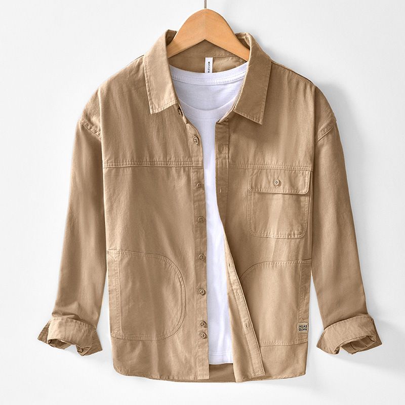 Simple Casual Solid Color Pocket Shirt Retro Versatile Long Sleeved Loose Jacket_viptrois.com