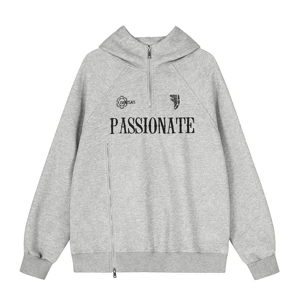 Vibe Trendy Half-Zip Hooded Sweatshirt For Men With Embroidered Letters And Slit Design, Loose Fit Sports Shirt_viptrois.com