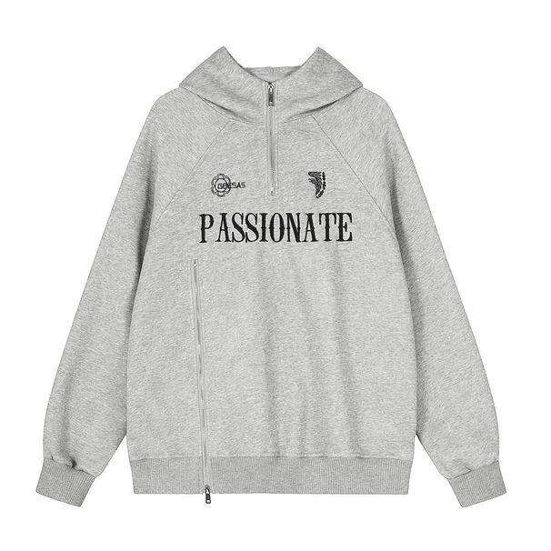 Vibe Trendy Half-Zip Hooded Sweatshirt For Men With Embroidered Letters And Slit Design, Loose Fit Sports Shirt_viptrois.com