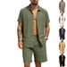 Men's Summer Linen Jacquard Shirt And Beach Shorts Set Loose Striped Short Sleeved Cross Border European American Style_viptrois.com