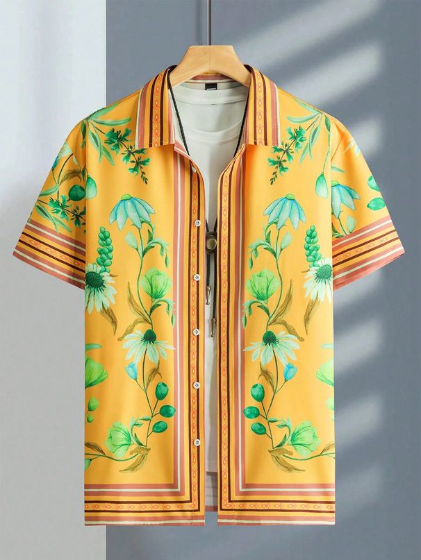 Large Size Men's Trendy Short Sleeve Shirt Loose Fit Casual Lapel Polyester Summer Shirt Printed Modern Stylish_viptrois.com