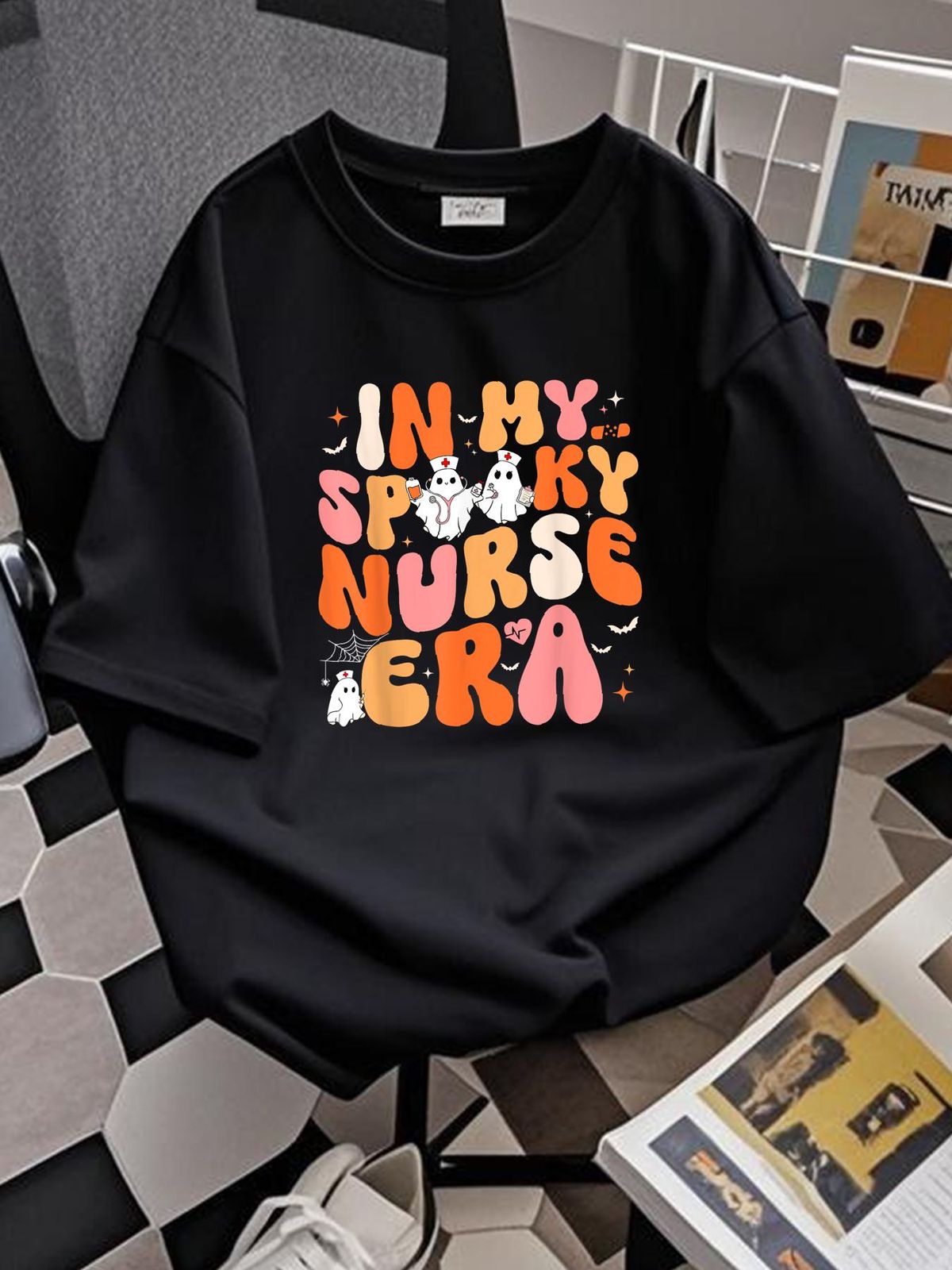 Groovy In My Spooky Nurse Era Halloween Nursing T-Shirt Top For Everyday Wear Women Top Graphic Tees Streetwear Graphic Unisex Summer Stretched Comfortable Soft Stylish Women Fashion Print Round Neck Short Sleeve Breathable Casual Versatile_viptrois.com