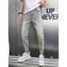 American High Street Washed Denim Jeans For Men, Slim Fit, Trendy Brand, Letter Print, Colorful Paint, Distressed, Slim Fit Straight Leg Trousers._viptrois.com
