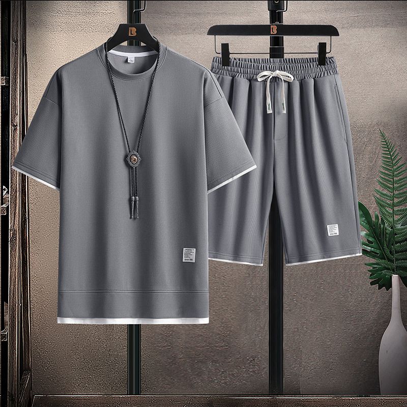 Men's Clothing Men's Short Sleeved Suit Waffle Heart Suit Trendy Loose Ice Silk Shorts Youth Leisure Sports Two Piece Suit_viptrois.com