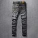 Men's Clothing Retro Ripped Jeans For Men Black Grey Washed Distressed Personality Worn Patches Slim Fit Trousers_viptrois.com