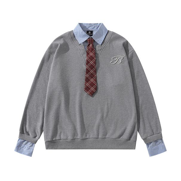 Two-Piece Sweatshirt Vertical Stripes Color Block Turn-Down Collar Loose Top Spring Autumn Men's American Street_viptrois.com