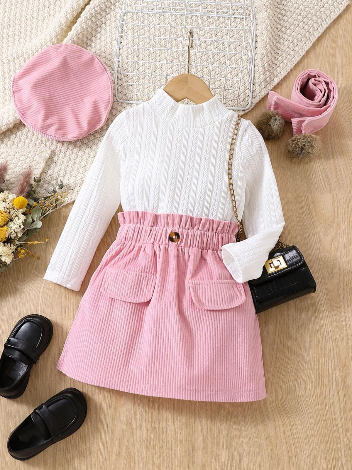 Mother & Kids Girls' Fashion Long Sleeve Dress Set With Pom Pom Scarf & Beret (4-Piece Outfit) – Soft Cotton Blend, Cute & Elegant_viptrois.com