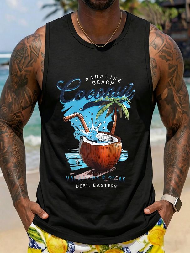 Canotta Uomo Girocollo 100% Cotone Stampa Illustrazione Cocco Traspirante Morbida Senza Maniche Spiaggia Vacanze Estive Multicolore_viptrois.com