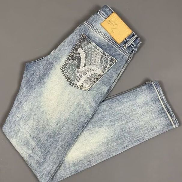 2025 Men's European Style Embroidered Jeans High-Quality Trendy Straight-Leg Ins Slim-Fit Fashion New Casual Long Pants_viptrois.com