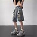 Men's Clothing Ripped Denim Shorts Men's Summer Thin American High Street Zipper Slit Loose Straight Casual Five Point Pants_viptrois.com