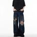Men's Clothing Retro Distressed Beggar Hole Design Mopping Washed Jeans Niche High Street Loose Versatile Wide Leg Pants_viptrois.com