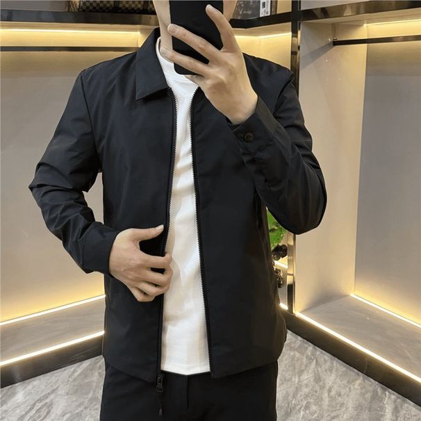 Business Casual Executive Jacket Autumn Men's Versatile Slim Fit Turn-Down Collar Pure Black Coat_viptrois.com